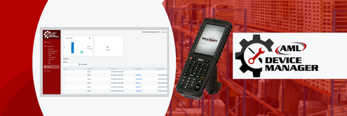 AML Device Manager mockup featuring the product and the UI of the screen.